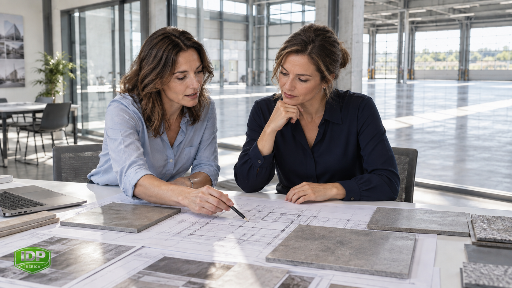 Imagen ilustrativa de dos mujeres profesionales definiendo un proyecto de pavimentación con planos y muestras