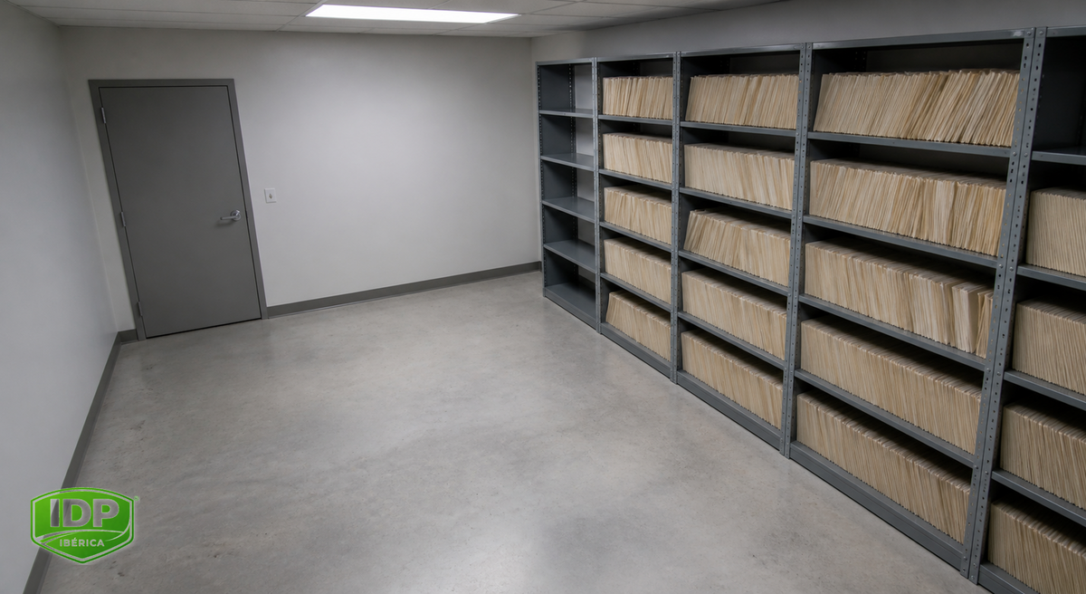 Suelo de hormigón de un archivo interior planteado como caso hipotético de sellado antipolvo