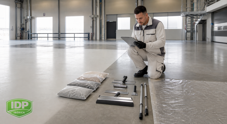 Técnico revisando cantidades y recursos antes de ejecutar un sistema de pavimento industrial