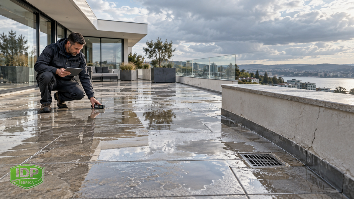Inspección de charcos, pendientes y drenaje en una terraza después de la lluvia