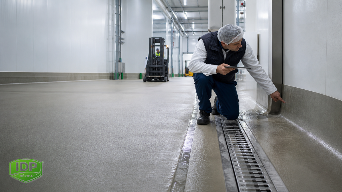 Técnico inspeccionando un encuentro sanitario y un canal con tráfico industrial al fondo