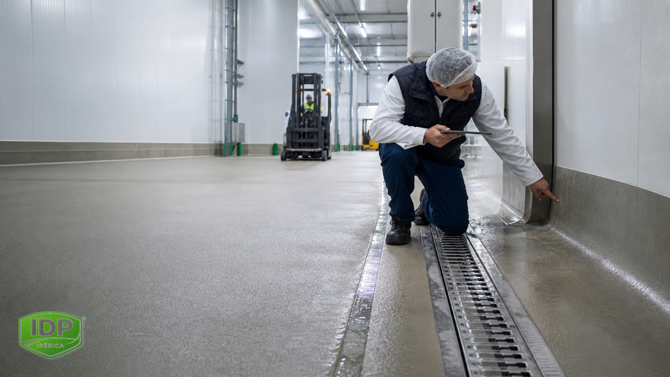 Técnico inspeccionando un encuentro sanitario y un canal con tráfico industrial al fondo