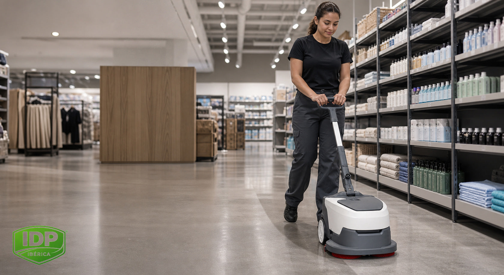 Fregadora compacta IDP trabajando en un espacio comercial