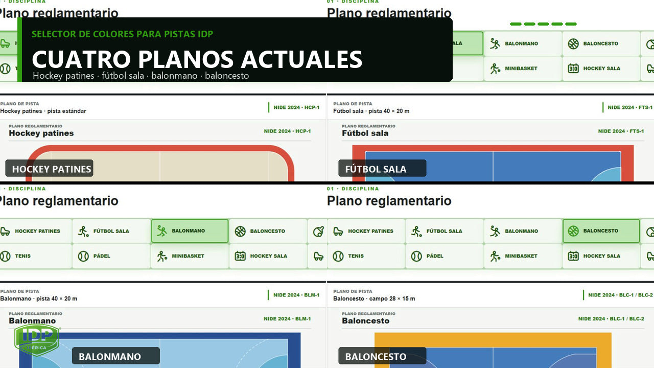 Cuatro planos actuales del Selector de colores IDP: hockey patines, fútbol sala, balonmano y baloncesto