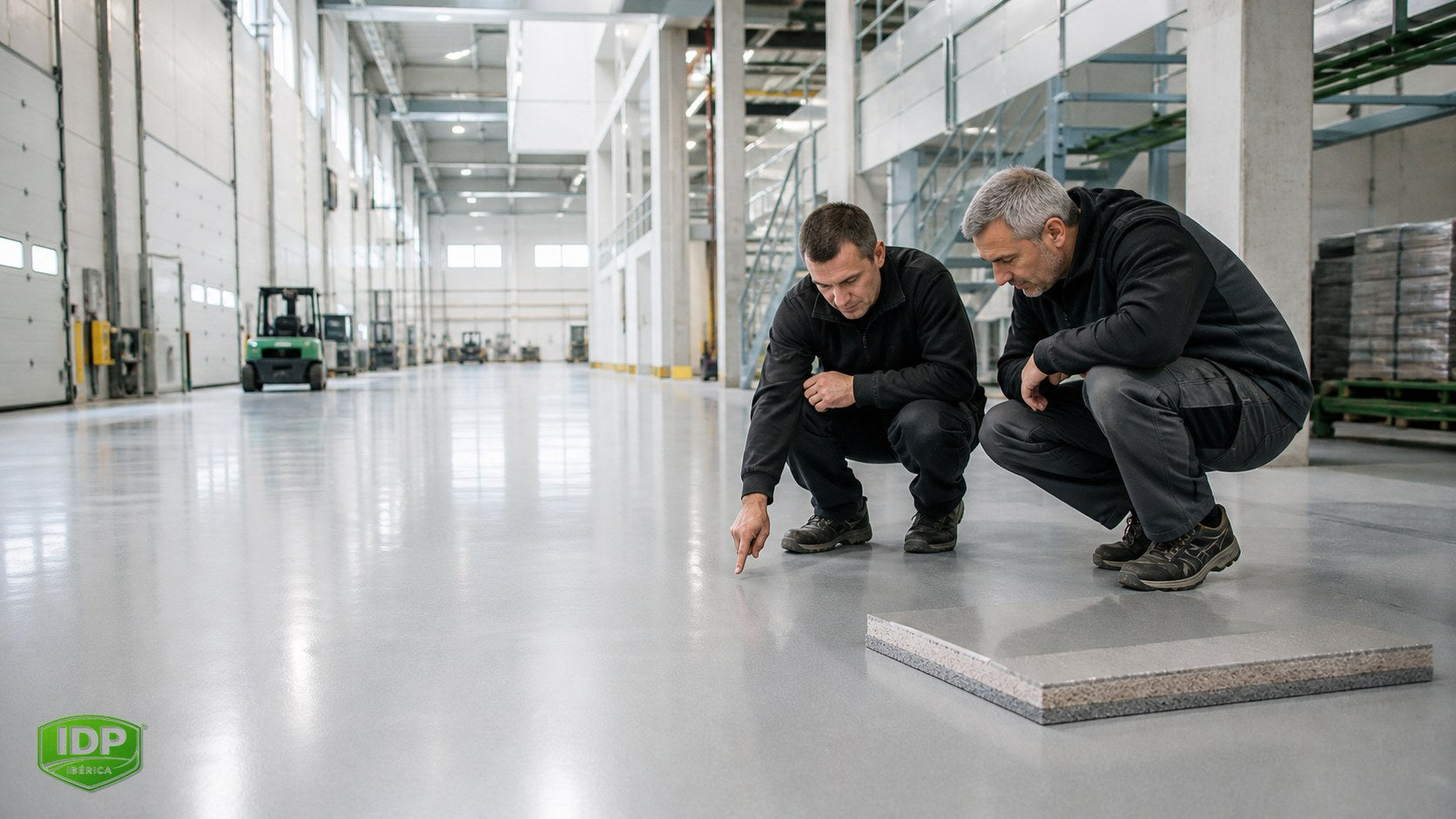 Técnicos revisando un pavimento continuo industrial IDP
