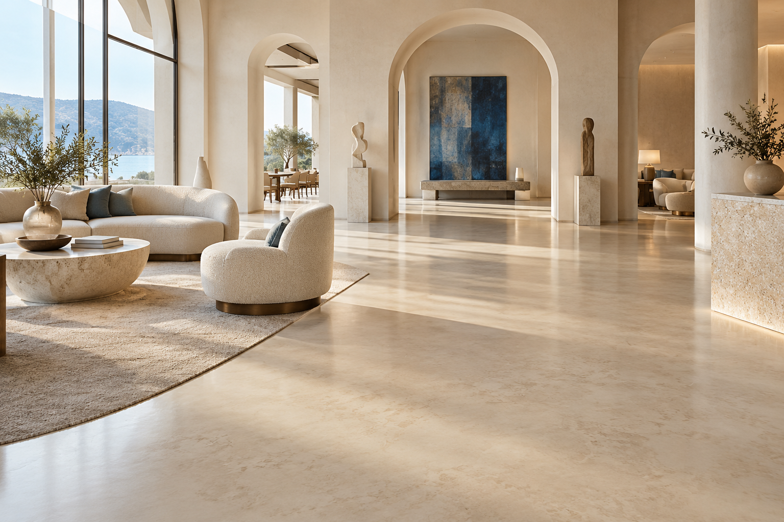 Espacio decorativo luminoso con pavimento continuo de acabado mineral