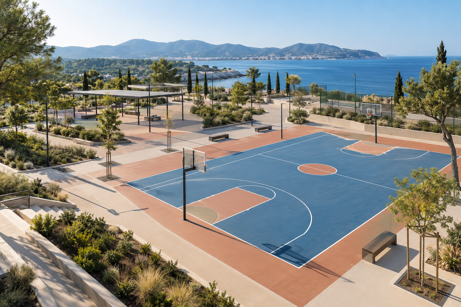 Zona exterior deportiva y de ocio con pavimento continuo de color
