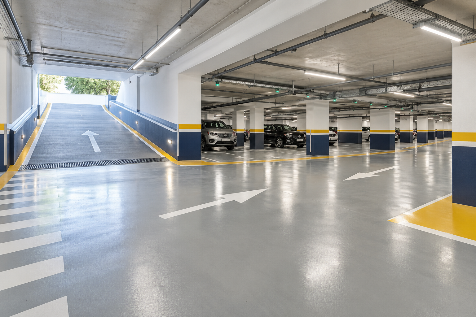 Parking luminoso con pavimento continuo y circulacion rodada organizada