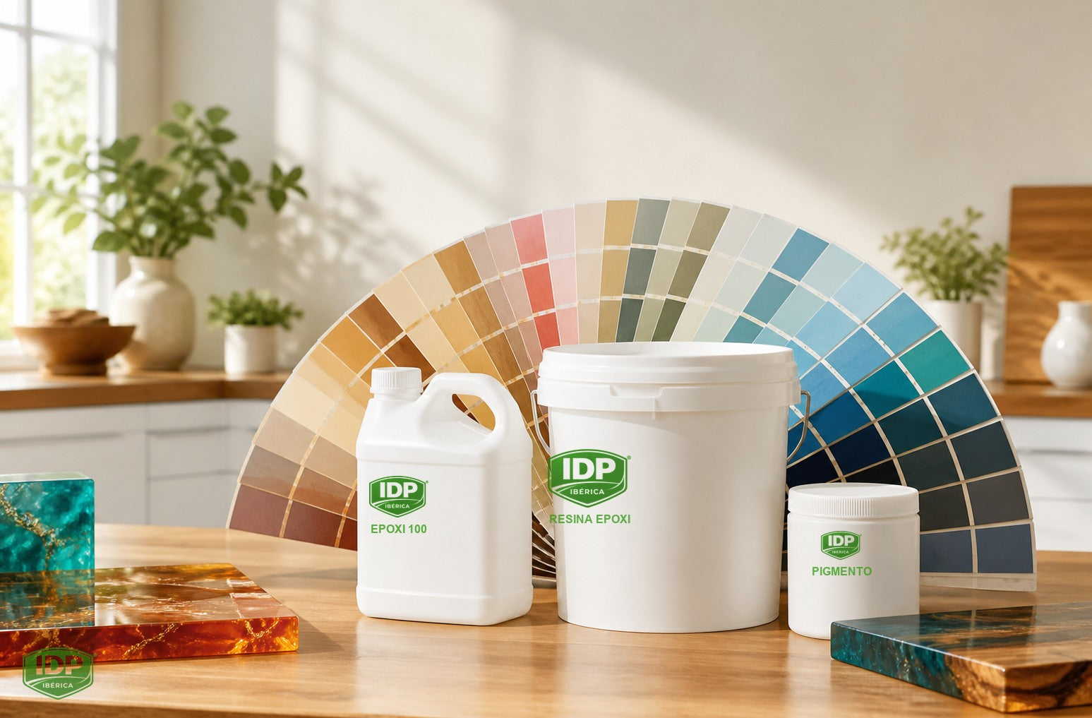 Muestras físicas de color junto a envases IDP