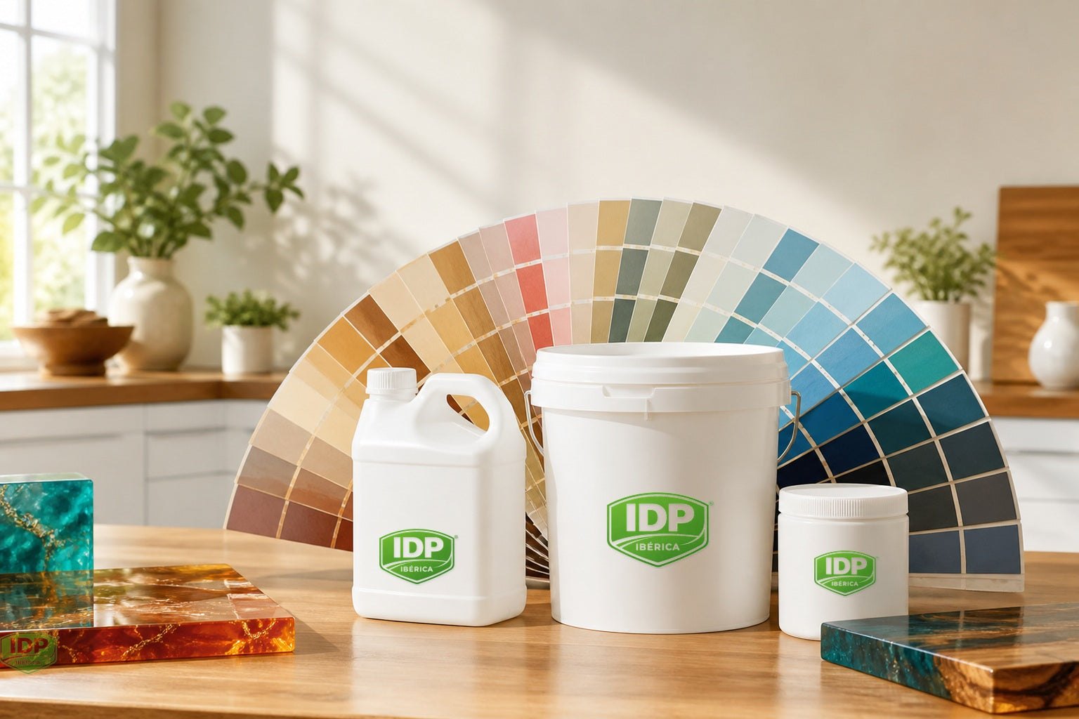 Resinas IDP con abanico de colores y producto IDP