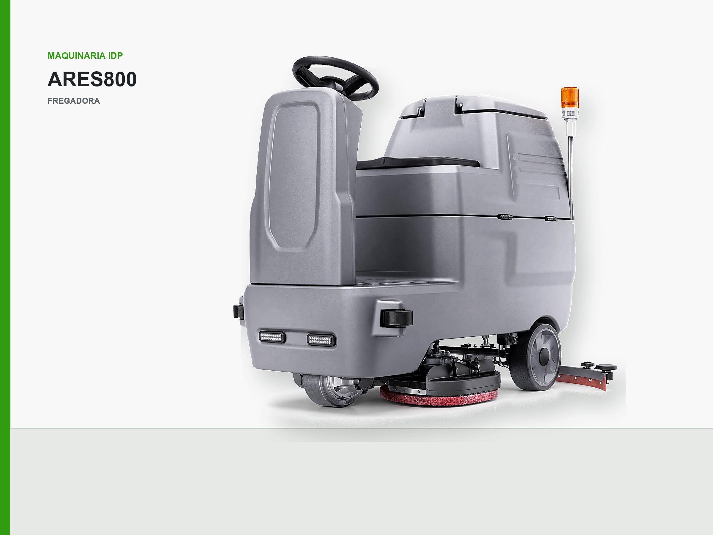 Fregadora de conductor sentado IDP ARES800, maquinaria de limpieza industrial IDP para pavimentos