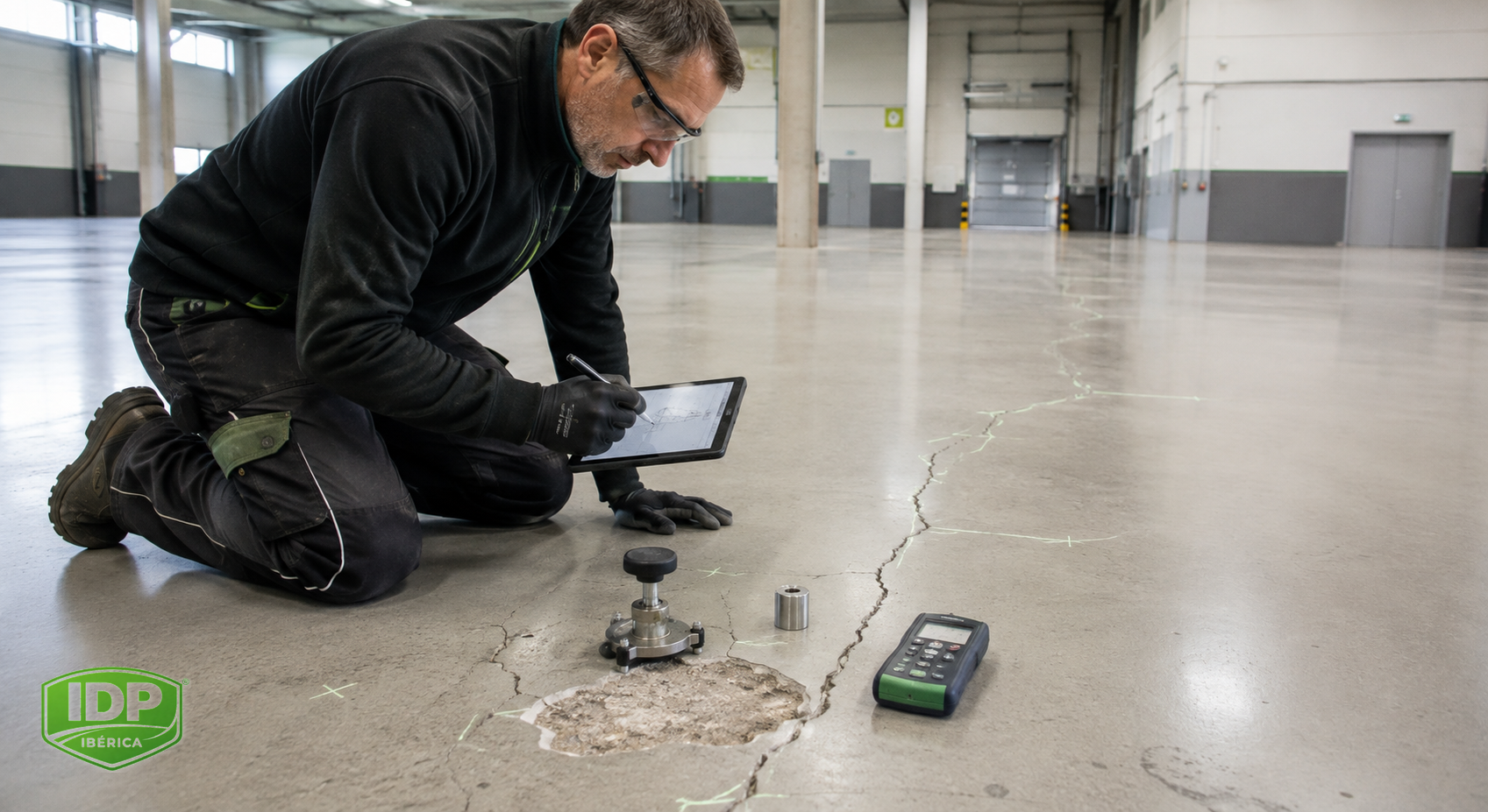Técnico documentando cinco evidencias antes de reparar un pavimento industrial