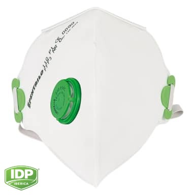 1 Mascarilla Autofiltrante Plegada FFP3 con válvula, esquema técnico del sistema IDP