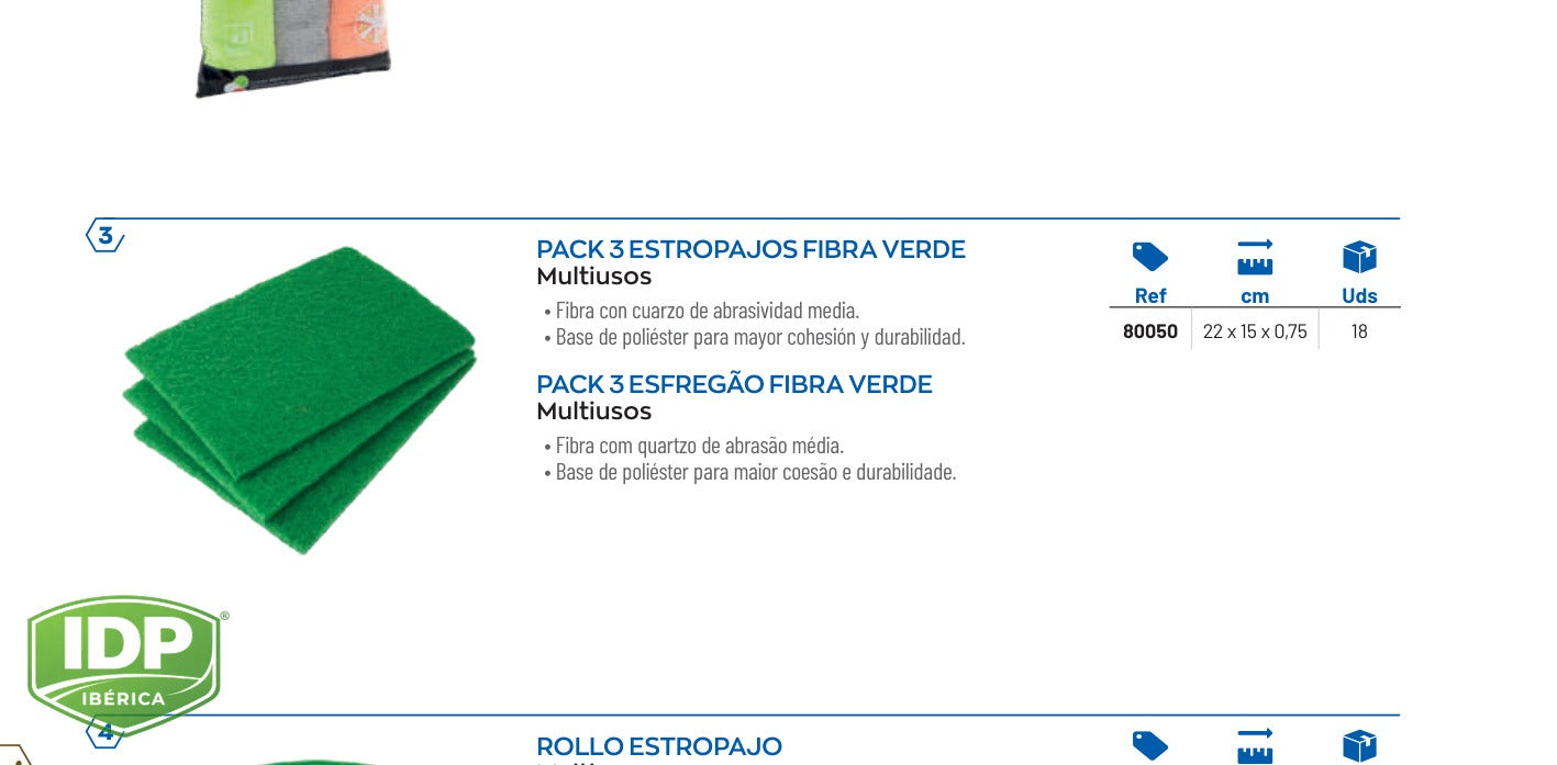 Pack 3 Estropajos Fibra Verde 22 x 15 x 0,75 cm., maquinaria de limpieza industrial IDP para pavimentos