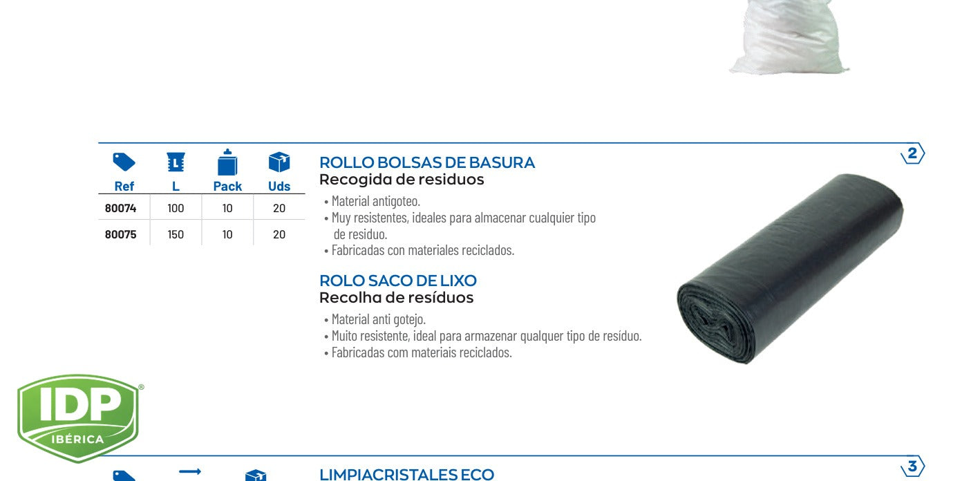 Rollo 10 Bolsas 100 L., maquinaria de limpieza industrial IDP para pavimentos